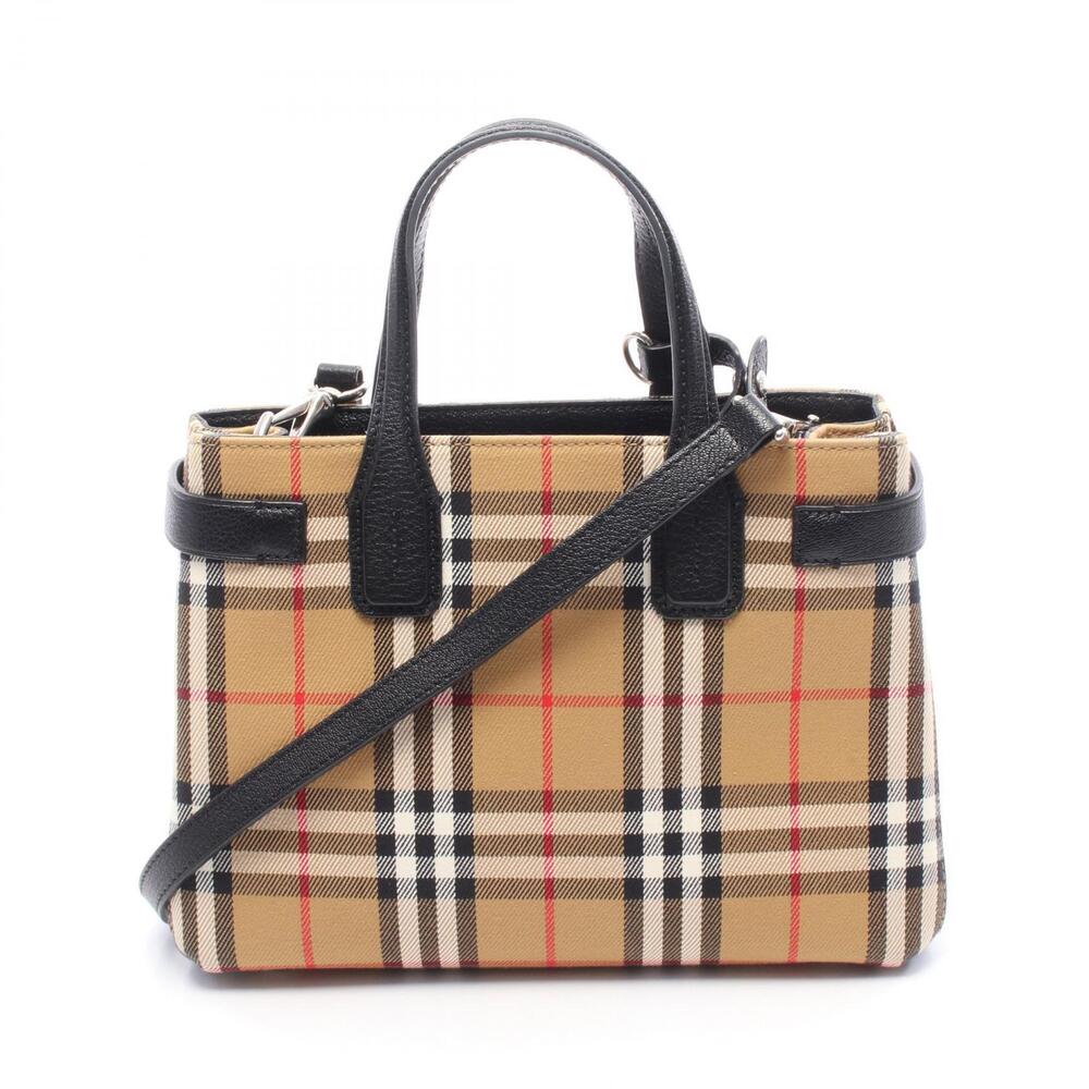Burberry Check Handbag Canvas Leather Beige Black Multicolor
